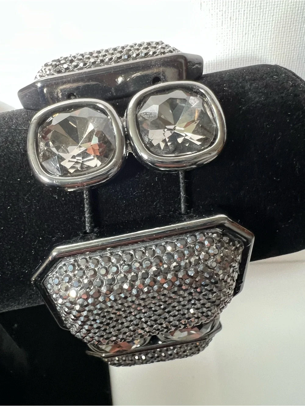 Chunky Geometric Gunmetal & Silver Rhinestone Statement Stretch Bracelet